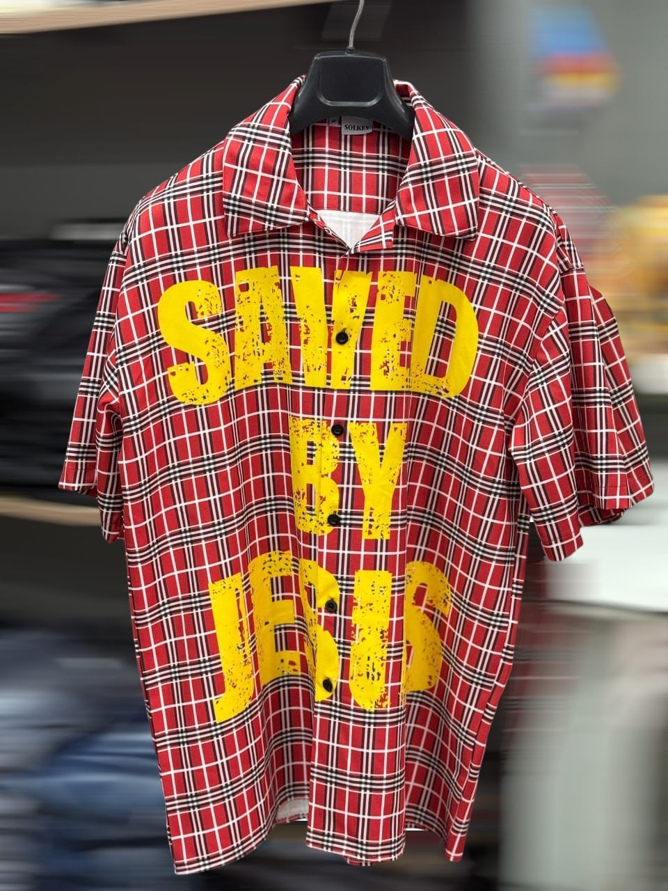Saved By Jesus Check Shirt - Red Plaid Christian Streetwear