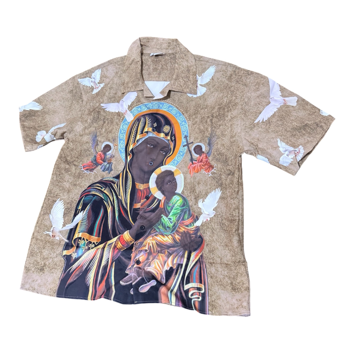 Black Madonna Praying Vintage Shirt - Faith Art Brown Shirt